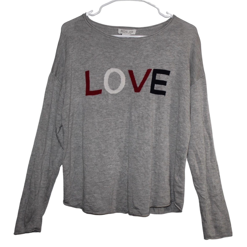 Rachel Zoe Gray 'LOVE' Crewneck Sweater with Red, White & Black Lettering